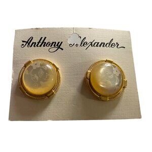 Vtg Anthony Alexander Clip On Earrings Floral Etched Gold‎ Tone Statement  NEW